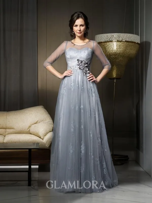 A-line Stylish Scoop 1/2 Sleeves Floor-Length Satin Mother of the Bride Dress With Lace