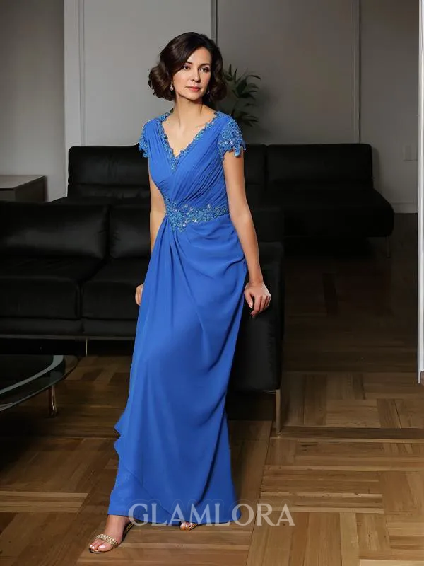 A-line V-Neck Classy Short Sleeves Floor-Length Chiffon Mother of the Bride Dress With Beading