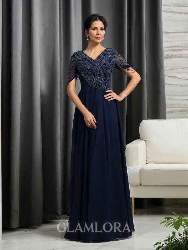 A-line V-Neck Short Sleeves Floor-Length Chic Chiffon Mother of the Bride Dress