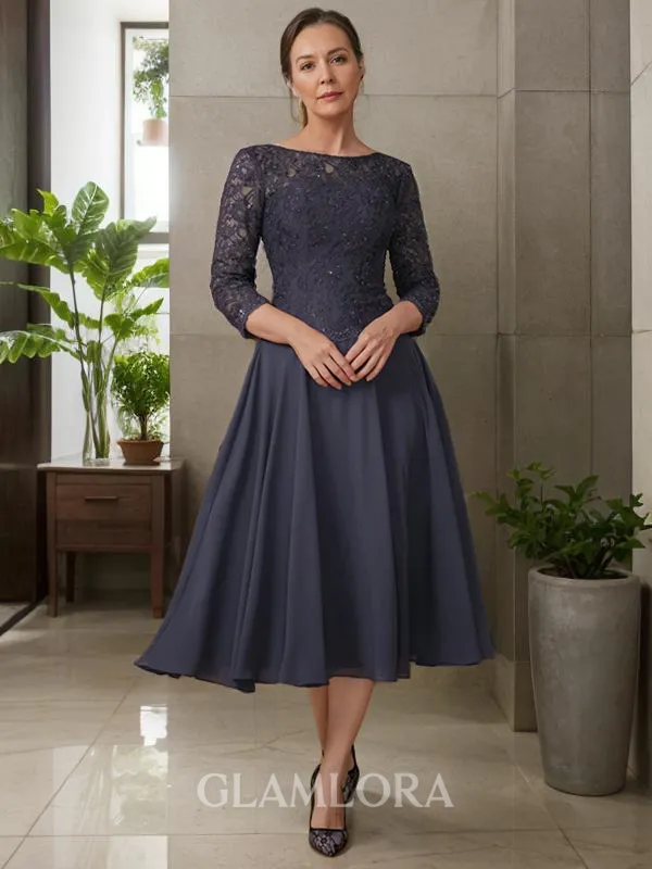 A-line Scoop 3/4 Sleeves Tea-Length Flattering Chiffon Mother of the Bride Dress