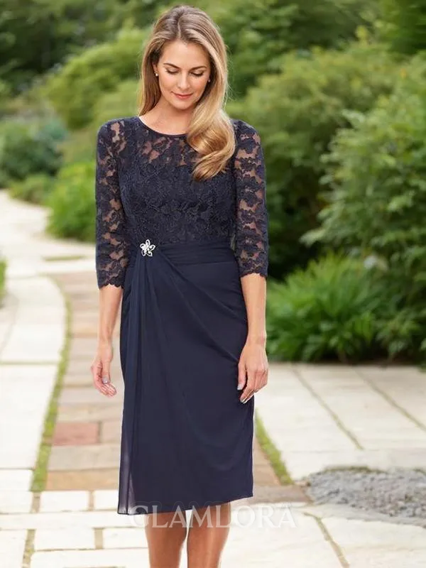 Sheath/Column Scoop 3/4 Sleeves Knee-Length Chiffon Timeless Mother of the Bride Dress