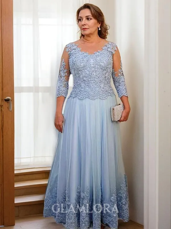 Glamorous A-line Scoop 3/4 Sleeves Floor-Length Tulle Mother of the Bride Dress