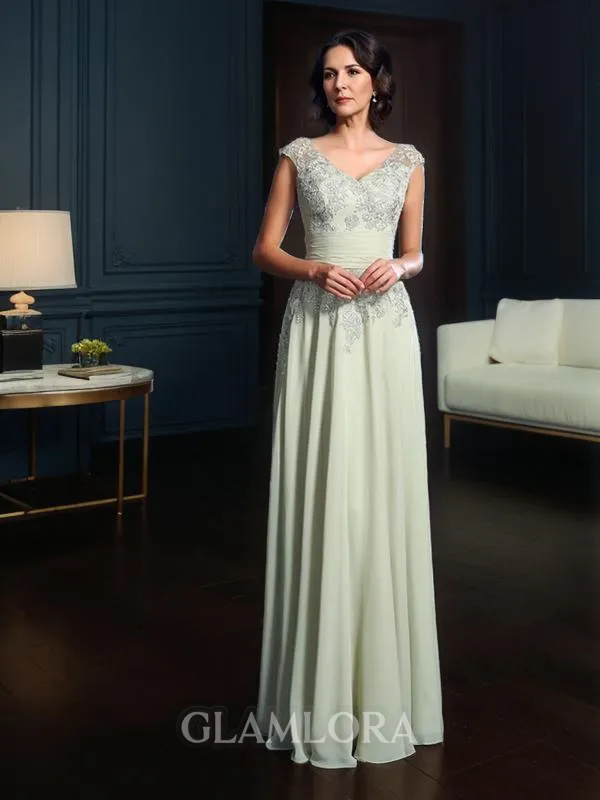 A-line Understated V-Neck Sleeveless Floor-Length Chiffon Mother of the Bride Dress With Applique