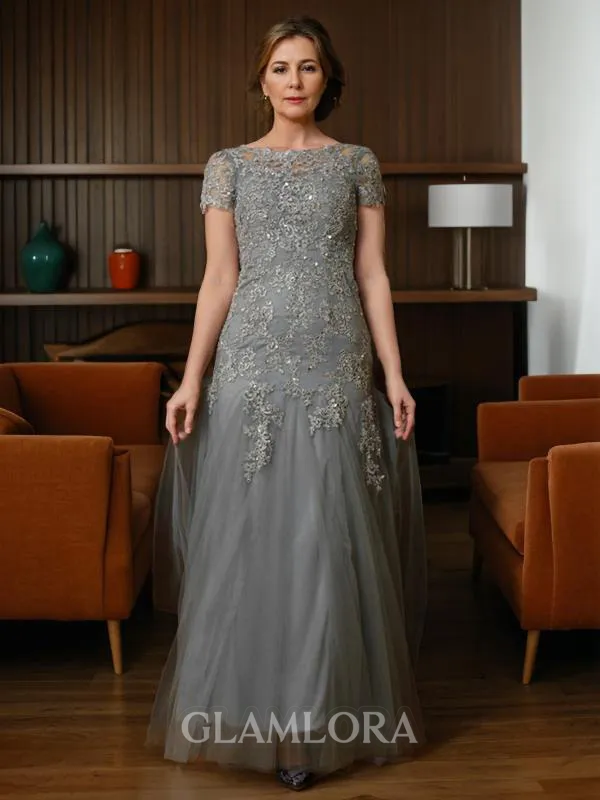 A-line Scoop Tasteful Short Sleeves Floor-Length Tulle Mother of the Bride Dress