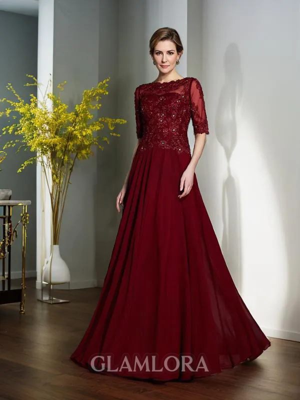 A-line Bateau 1/2 Sleeves Radiant Floor-Length Chiffon Mother of the Bride Dress With Applique