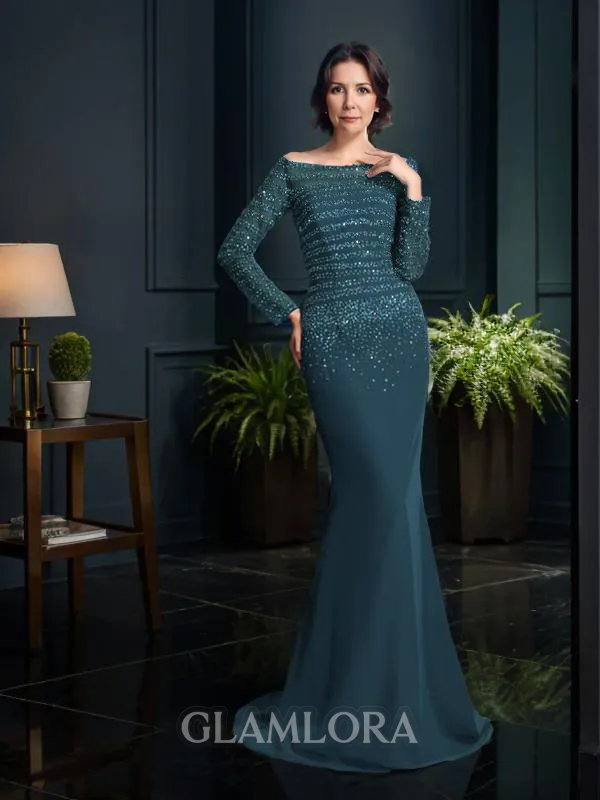 Sheath/Column Off-the-Shoulder Long Sleeves Sweep Train Impeccable Chiffon Mother of the Bride Dress With Beading