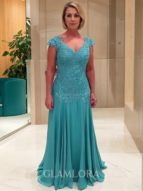 Sheath/Column V-Neck Sleeveless Sweep Train Charming Chiffon Mother of the Bride Dress With Applique