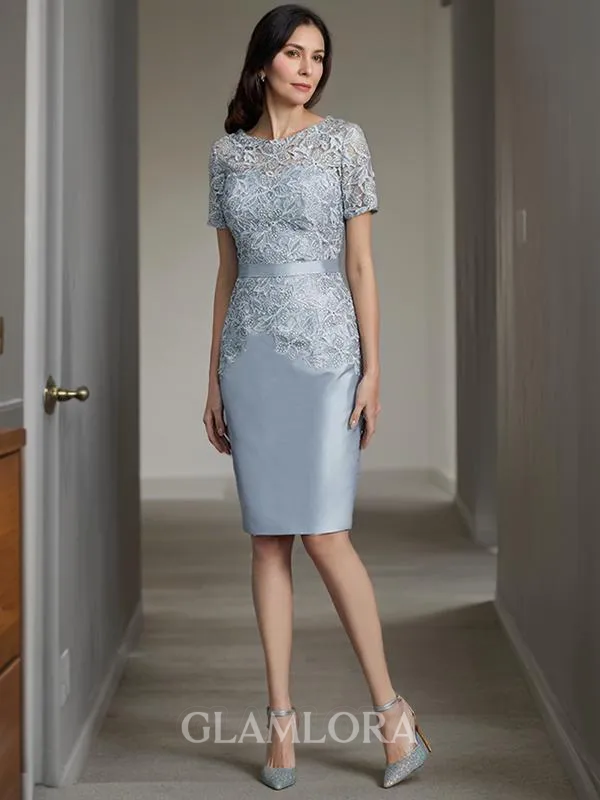Sheath/Column Scoop Short Sleeves Knee-Length Taffeta Statuesque Mother of the Bride Dress