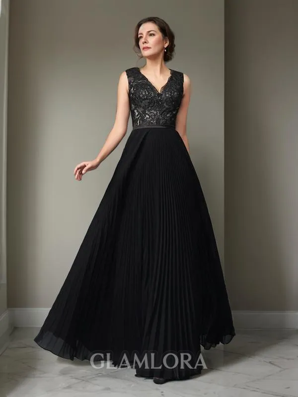 A-line Endearing V-Neck Sleeveless Floor-Length Chiffon Mother of the Bride Dress With Lace