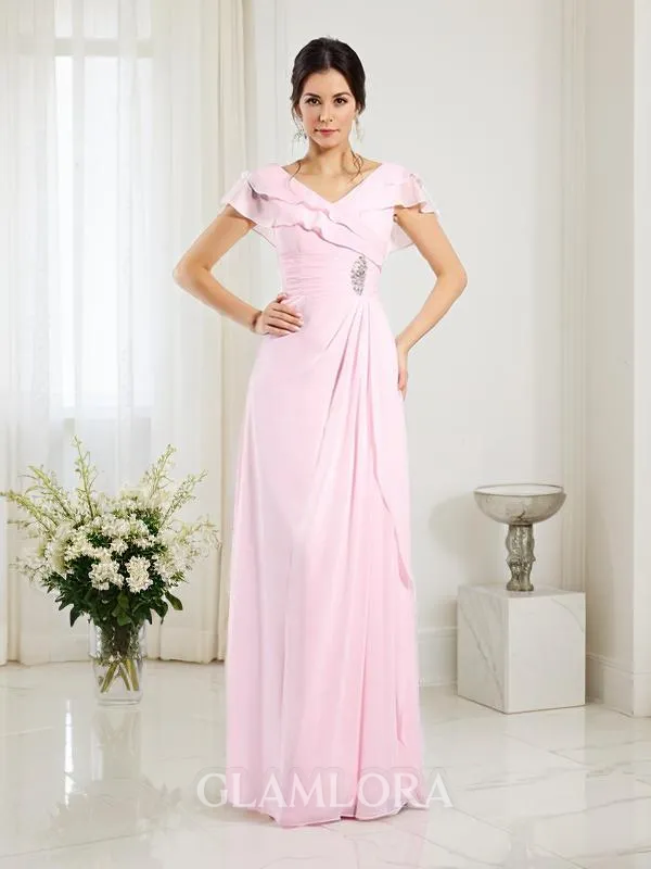 A-line V-Neck Short Sleeves Gorgeous Floor-Length Chiffon Mother of the Bride Dress With Ruffles