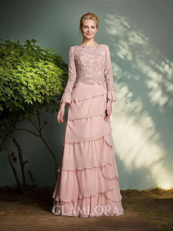 Sheath/Column Scoop Long Sleeves Floor-Length Chiffon Sophisticated Mother of the Bride Dress With Ruffles