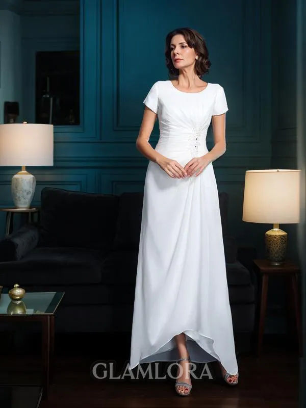 Graceful A-line Scoop Short Sleeves Asymmetrical Chiffon Mother of the Bride Dress