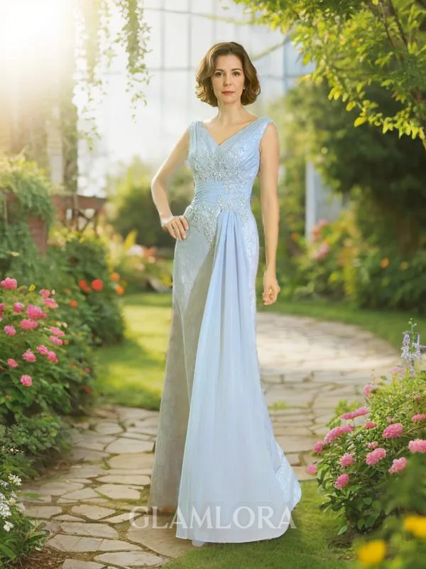 Sheath/Column V-Neck Stylish Sleeveless Floor-Length Lace Mother of the Bride Dress With Beading