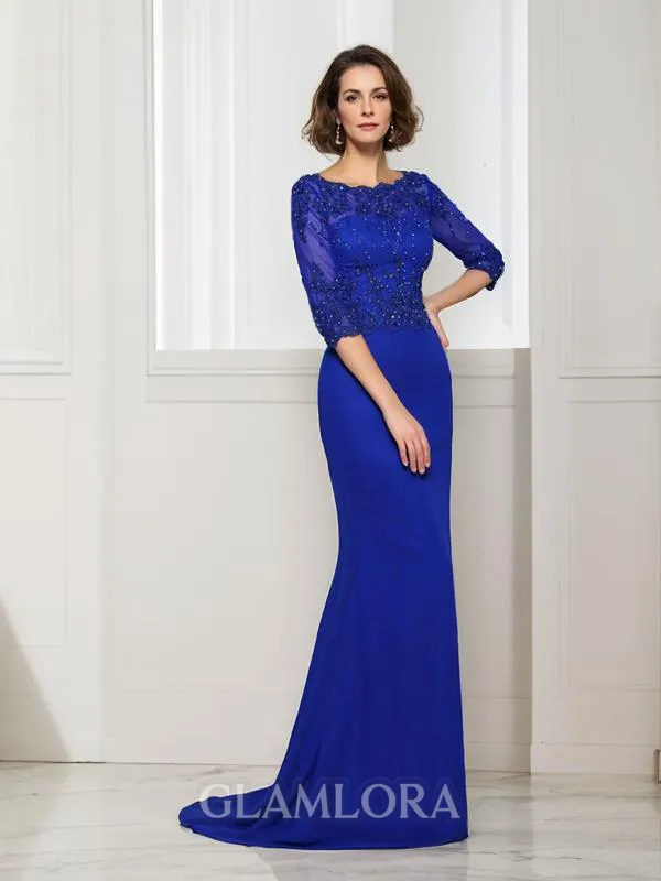 Trumpet/Mermaid Scoop 3/4 Sleeves Classy Sweep Train Chiffon Mother of the Bride Dress With Beading