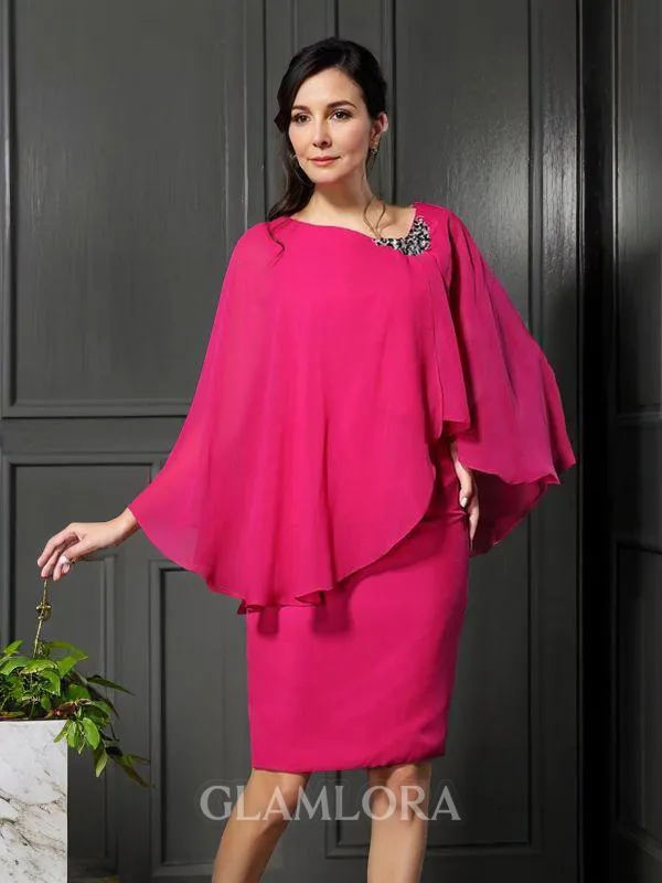 Sheath/Column Scoop Sleeveless Knee-Length Refined Chiffon Mother of the Bride Dress With Beading