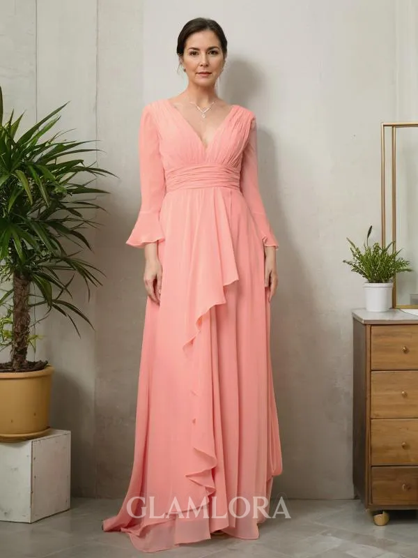 A-line V-Neck Long Sleeves Sweep Train Chiffon Flattering Mother of the Bride Dress