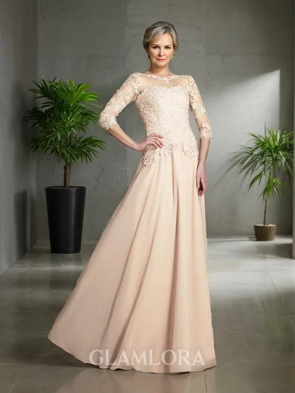 A-line Scoop 3/4 Sleeves Tasteful Floor-Length Chiffon Mother of the Bride Dress With Applique