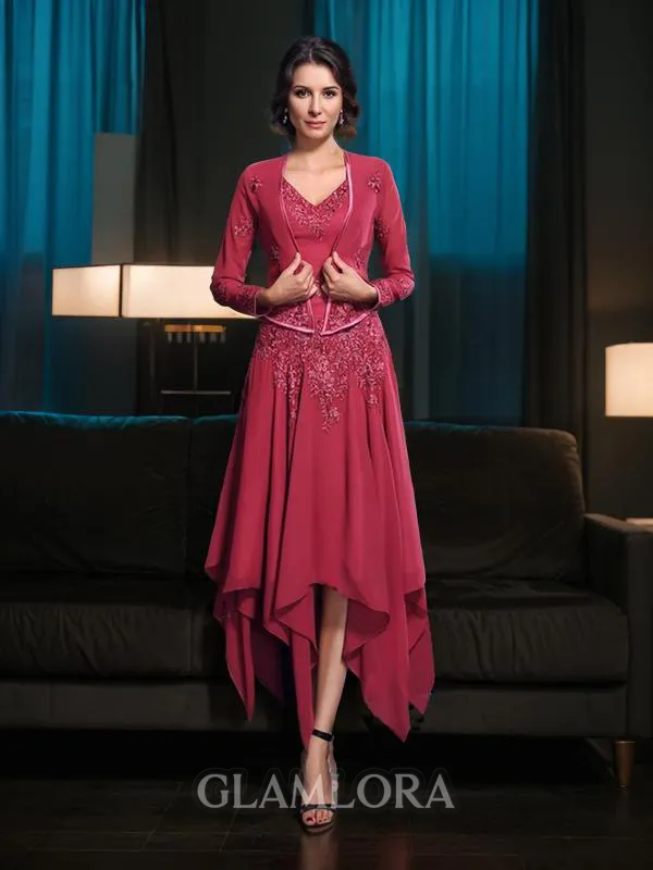 A-line V-Neck Sleeveless Asymmetrical Resplendent Chiffon Mother of the Bride Dress With Applique