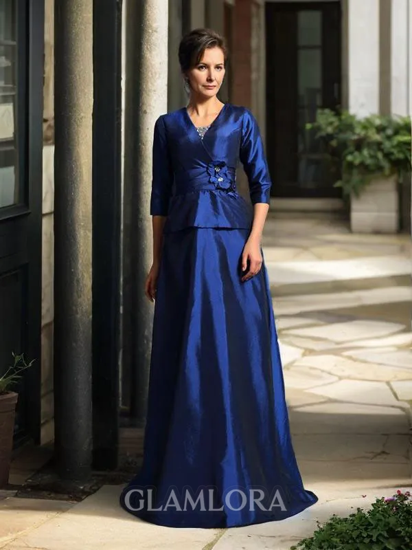A-line V-Neck 1/2 Sleeves Floor-Length Taffeta Impeccable Mother of the Bride Dress With Beading