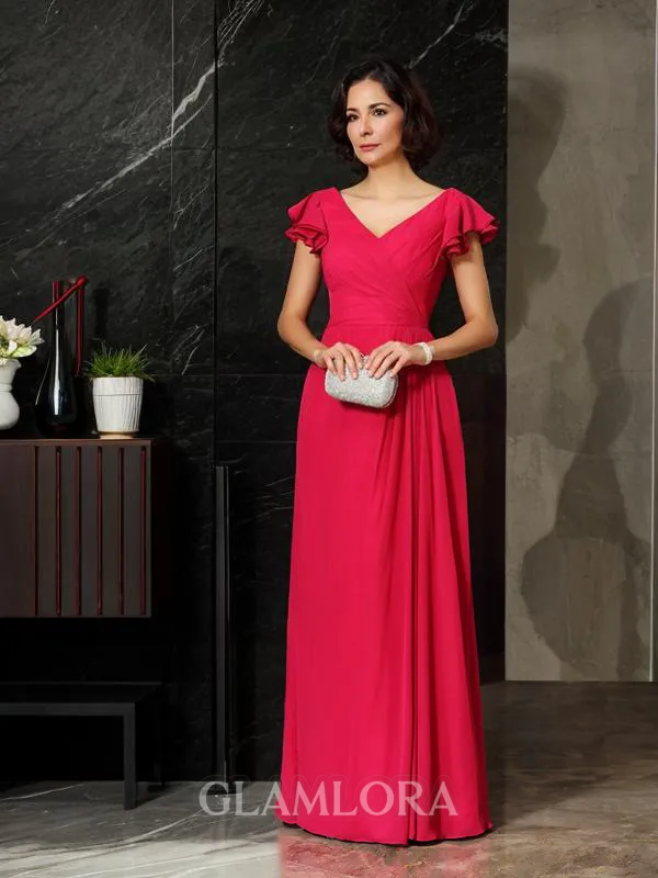 Gracious A-line V-Neck Short Sleeves Floor-Length Chiffon Mother of the Bride Dress With Ruched