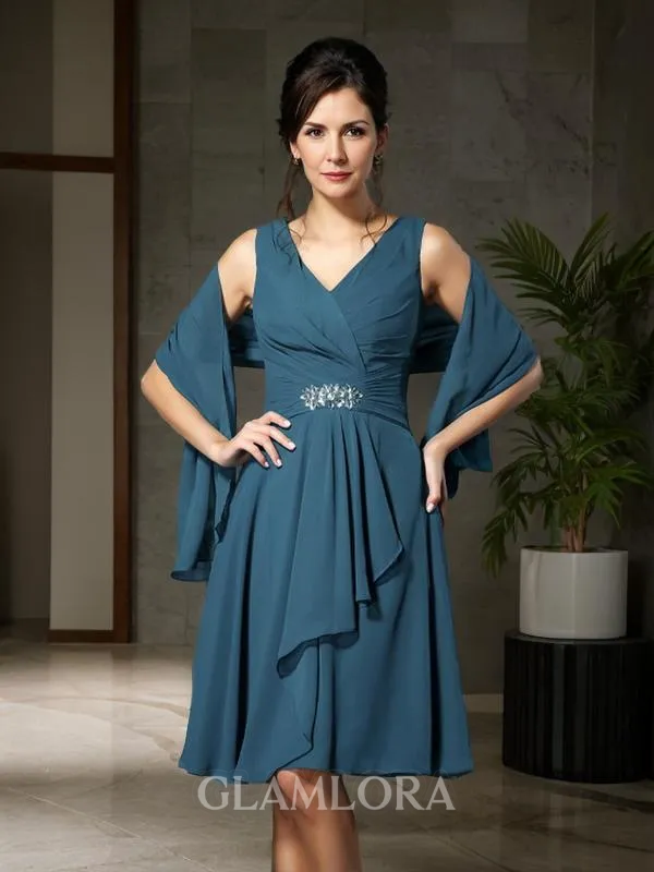 A-line V-Neck Polished Sleeveless Knee-Length Chiffon Mother of the Bride Dress With Beading