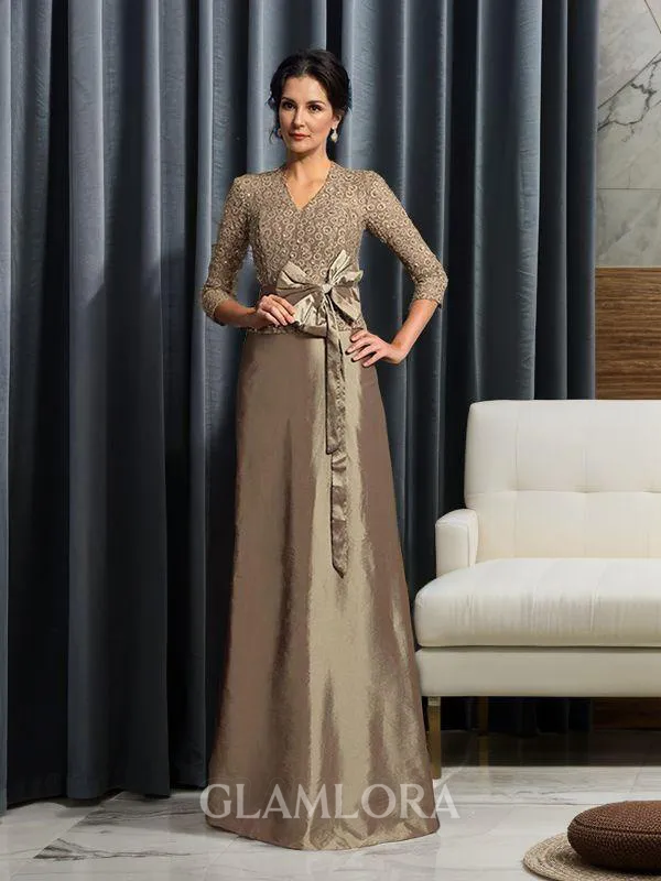 A-line V-Neck 3/4 Sleeves Floor-Length Immaculate Taffeta Mother of the Bride Dress With Bowknot
