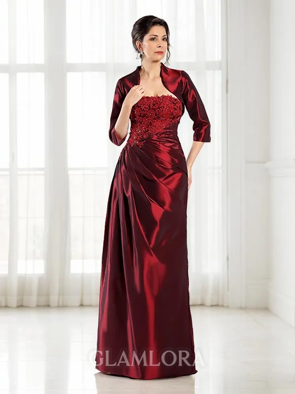 A-line Strapless 1/2 Sleeves Floor-Length Charming Taffeta Mother of the Bride Dress With Applique