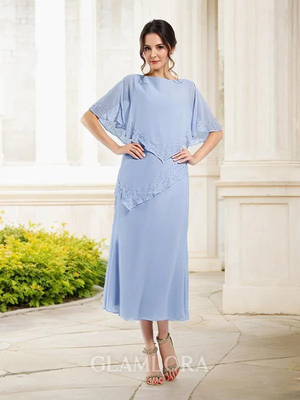 Sheath/Column Bateau 1/2 Sleeves Ankle-Length Chiffon Noble Mother of the Bride Dress