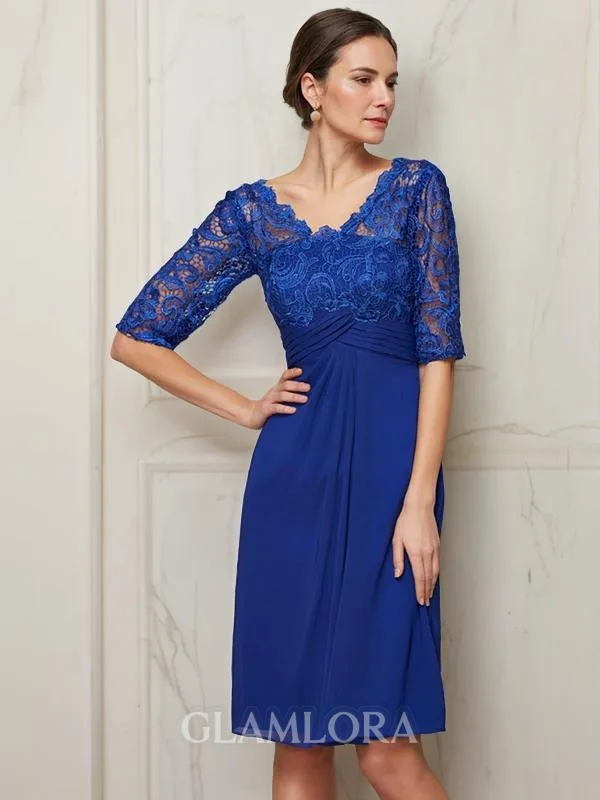 Statuesque Sheath/Column V-Neck 1/2 Sleeves Knee-Length Chiffon Mother of the Bride Dress With Lace