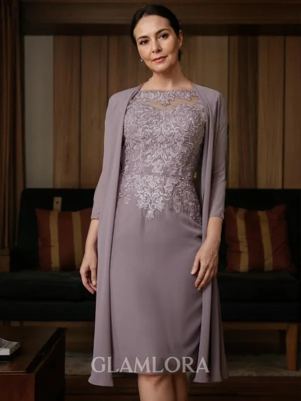 Sheath/Column Rhythmic Scoop Short Sleeves Knee-Length Chiffon Mother of the Bride Dress