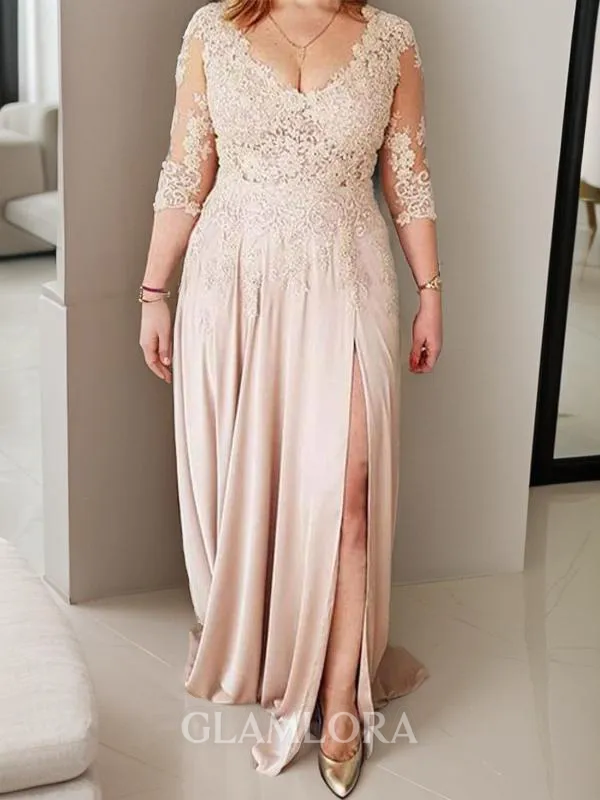 A-line V-Neck 3/4 Sleeves Tasteful Sweep Train Silk like Satin Mother of the Bride Dress