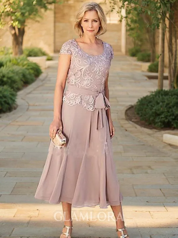 A-line Scoop Short Sleeves Tea-Length Gorgeous Chiffon Mother of the Bride Dress