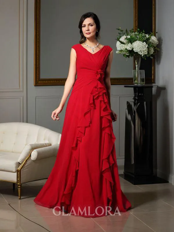 A-line V-Neck Sleeveless Floor-Length Chiffon Elegant Mother of the Bride Dress With Hand-Made Flower