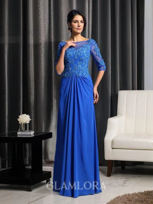 A-line Graceful Bateau 1/2 Sleeves Floor-Length Chiffon Mother of the Bride Dress With Beading