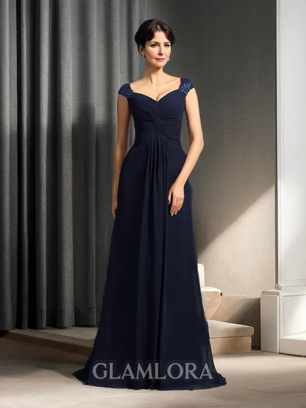 A-line Straps Regal Sleeveless Sweep Train Chiffon Mother of the Bride Dress With Beading