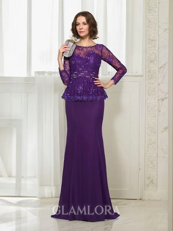 Trumpet/Mermaid Scoop Long Sleeves Stylish Sweep Train Chiffon Mother of the Bride Dress With Beading