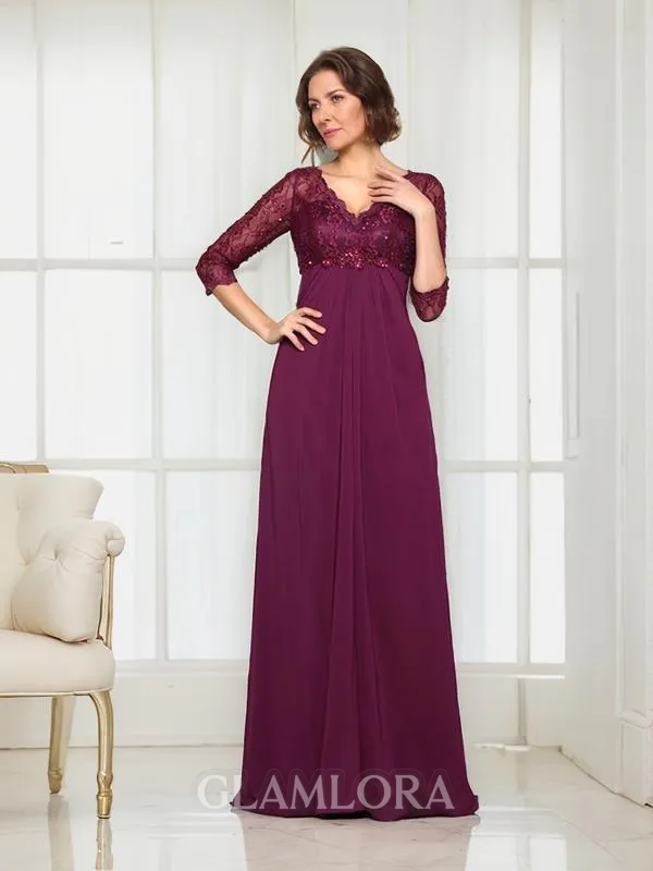 A-line V-Neck 3/4 Sleeves Sweep Train Classy Chiffon Mother of the Bride Dress With Beading