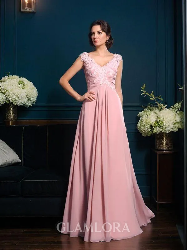 A-line V-Neck Sleeveless Floor-Length Tasteful Chiffon Mother of the Bride Dress With Applique
