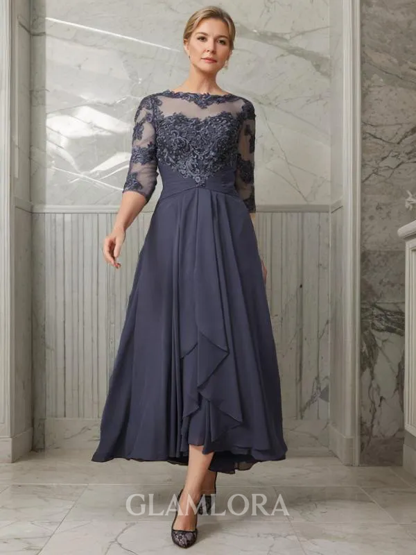 A-line Scoop 3/4 Sleeves Asymmetrical Modest Chiffon Mother of the Bride Dress