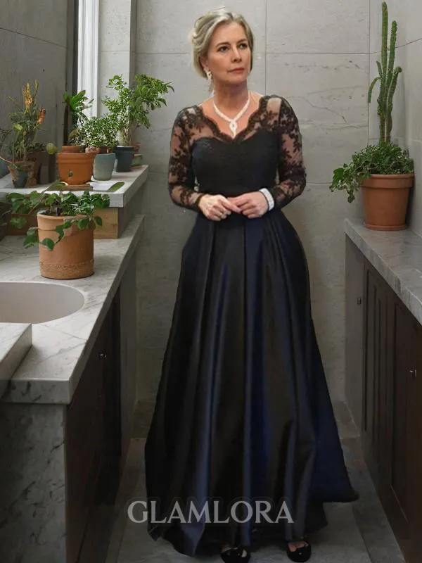 A-line V-Neck Long Sleeves Sweep Train Immaculate Satin Mother of the Bride Dress