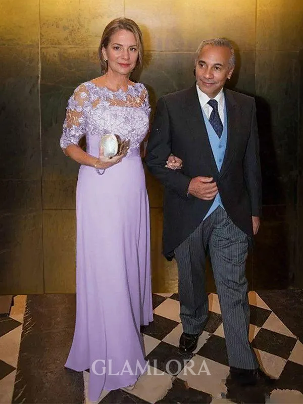 A-line Scoop 1/2 Sleeves Floor-Length Chiffon Charming Mother of the Bride Dress