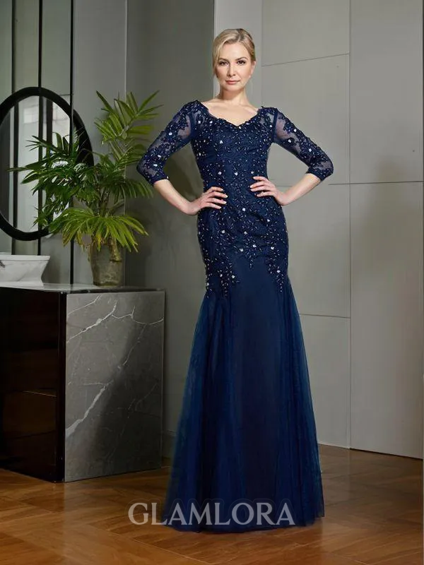 Sheath/Column V-Neck 3/4 Sleeves Endearing Floor-Length Tulle Mother of the Bride Dress With Applique