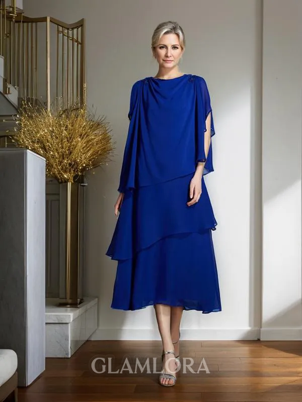 A-line Bateau Sleeveless Tea-Length Tasteful Chiffon Mother of the Bride Dress With Applique