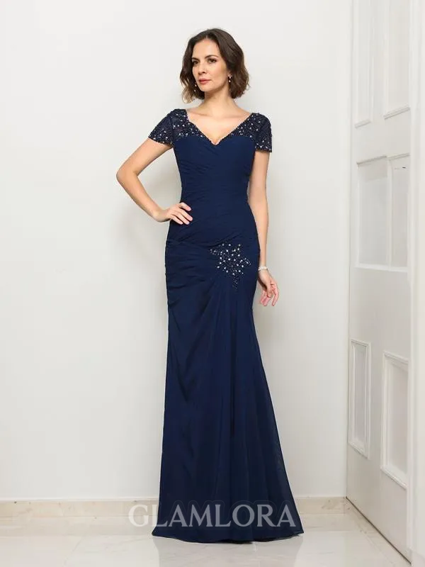 Trumpet/Mermaid V-Neck Short Sleeves Floor-Length Chiffon Unique Mother of the Bride Dress With Beading