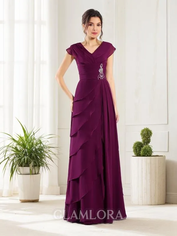 Elegant A-line V-Neck Short Sleeves Floor-Length Chiffon Mother of the Bride Dress