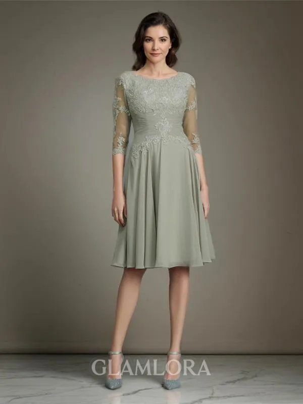 Resplendent A-line Scoop 1/2 Sleeves Knee-Length Chiffon Mother of the Bride Dress With Applique