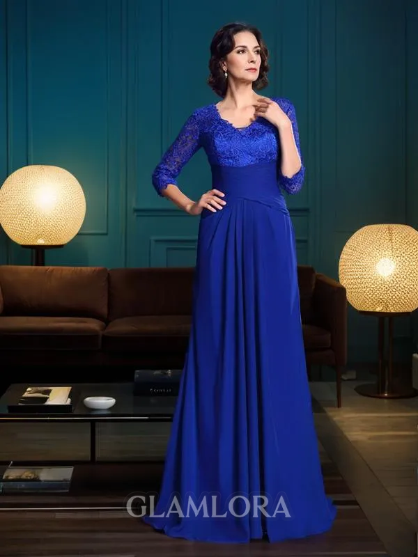 A-line Impeccable V-Neck 3/4 Sleeves Sweep Train Chiffon Mother of the Bride Dress With Applique