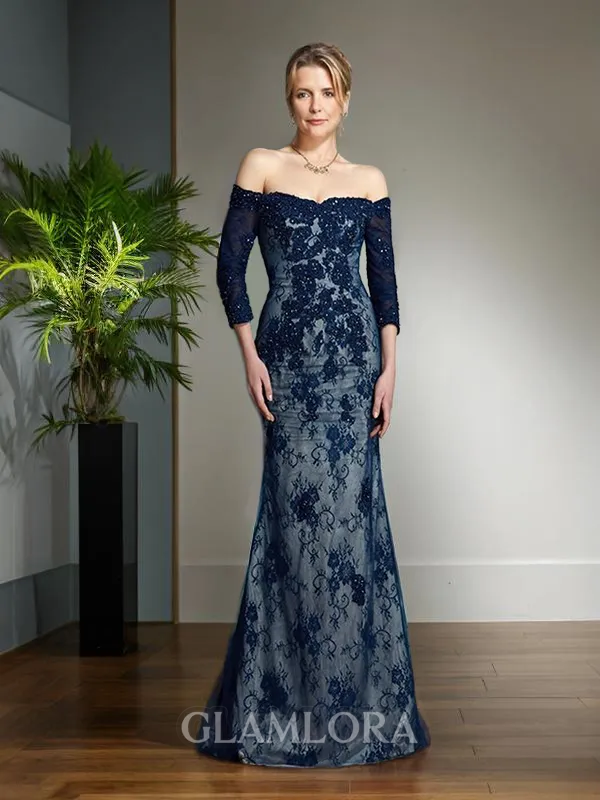 Trumpet/Mermaid Off-the-Shoulder Gracious 3/4 Sleeves Sweep Train Lace Mother of the Bride Dress With Lace