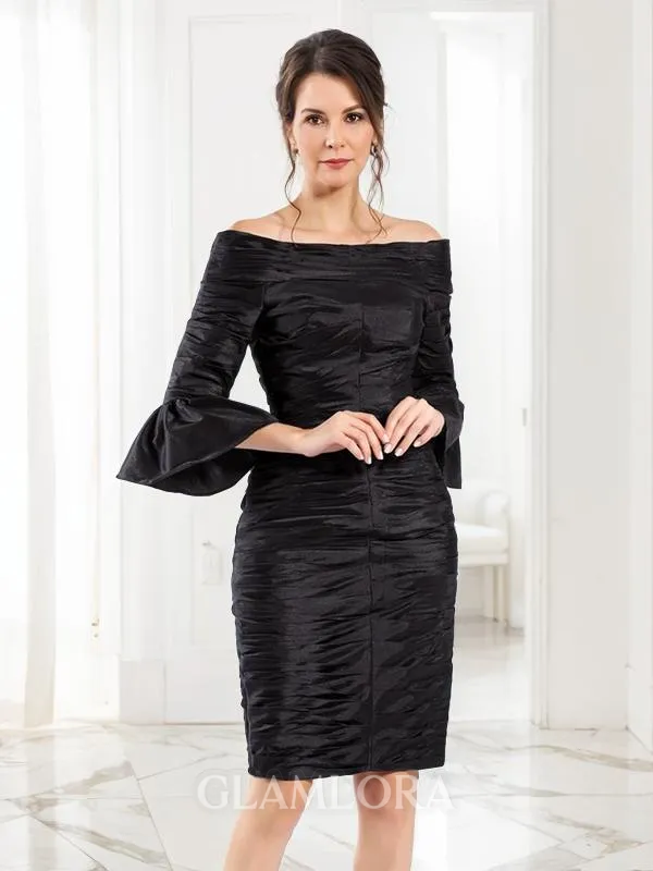 Sheath/Column Off-the-Shoulder 1/2 Sleeves Short/Mini Modest Taffeta Mother of the Bride Dress With Ruched