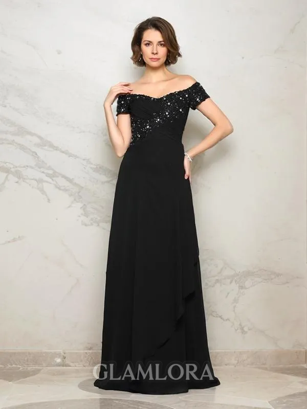 Charming A-line Off-the-Shoulder Short Sleeves Sweep Train Chiffon Mother of the Bride Dress With Beading